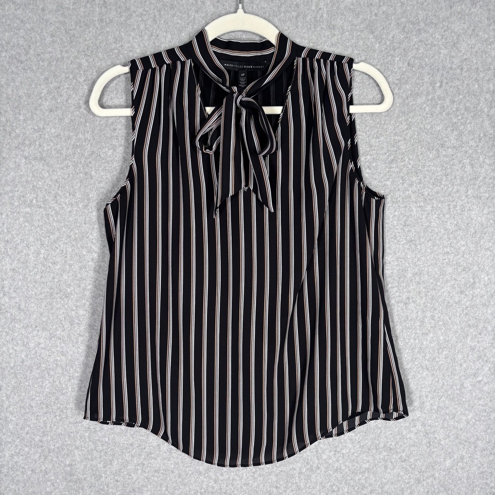 WHBM Tie Neck Blouse 4P Black Tan White Pinstripe Tie Neck Minimalist Tailored